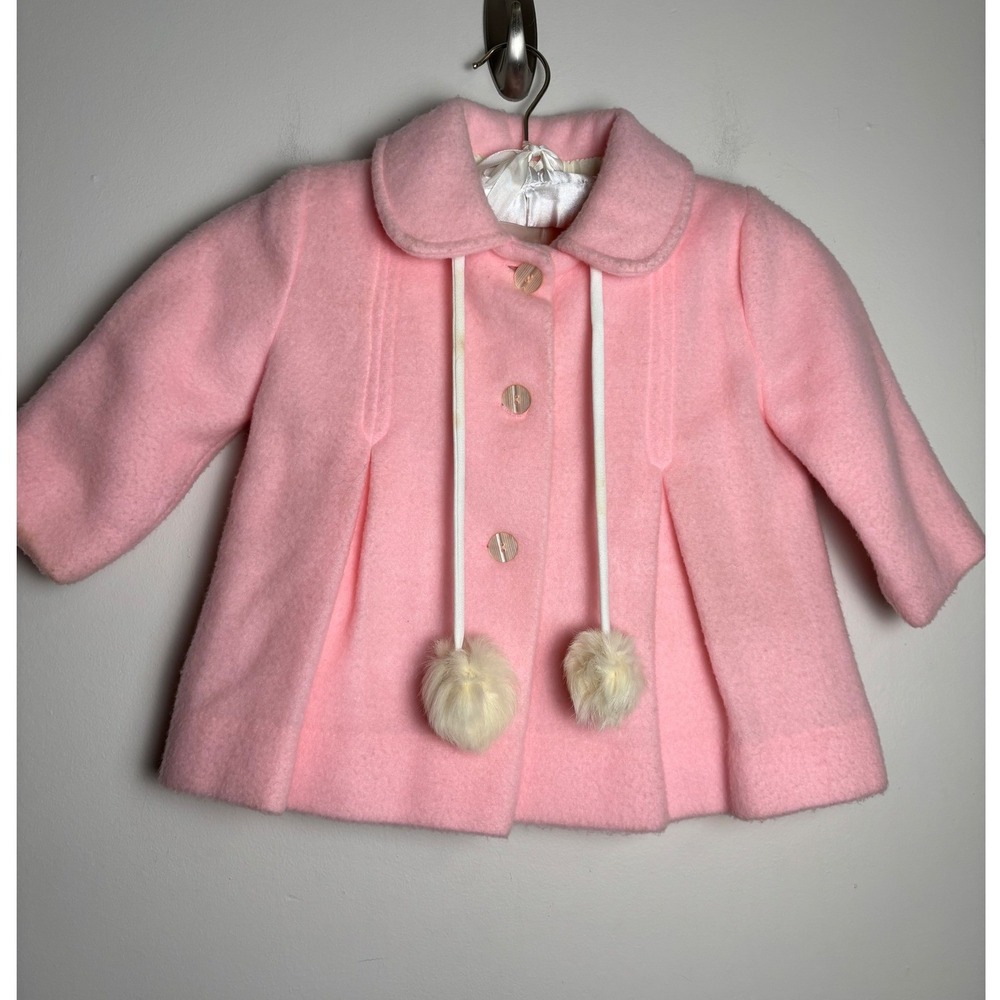 Millicent Kids Pink Wool Peacoat 2T Vintage‎ Pom Pom Peter Pan Collar USA